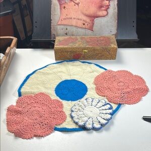 Vintage Set of Peach, Blue, White, and Cream Doilies